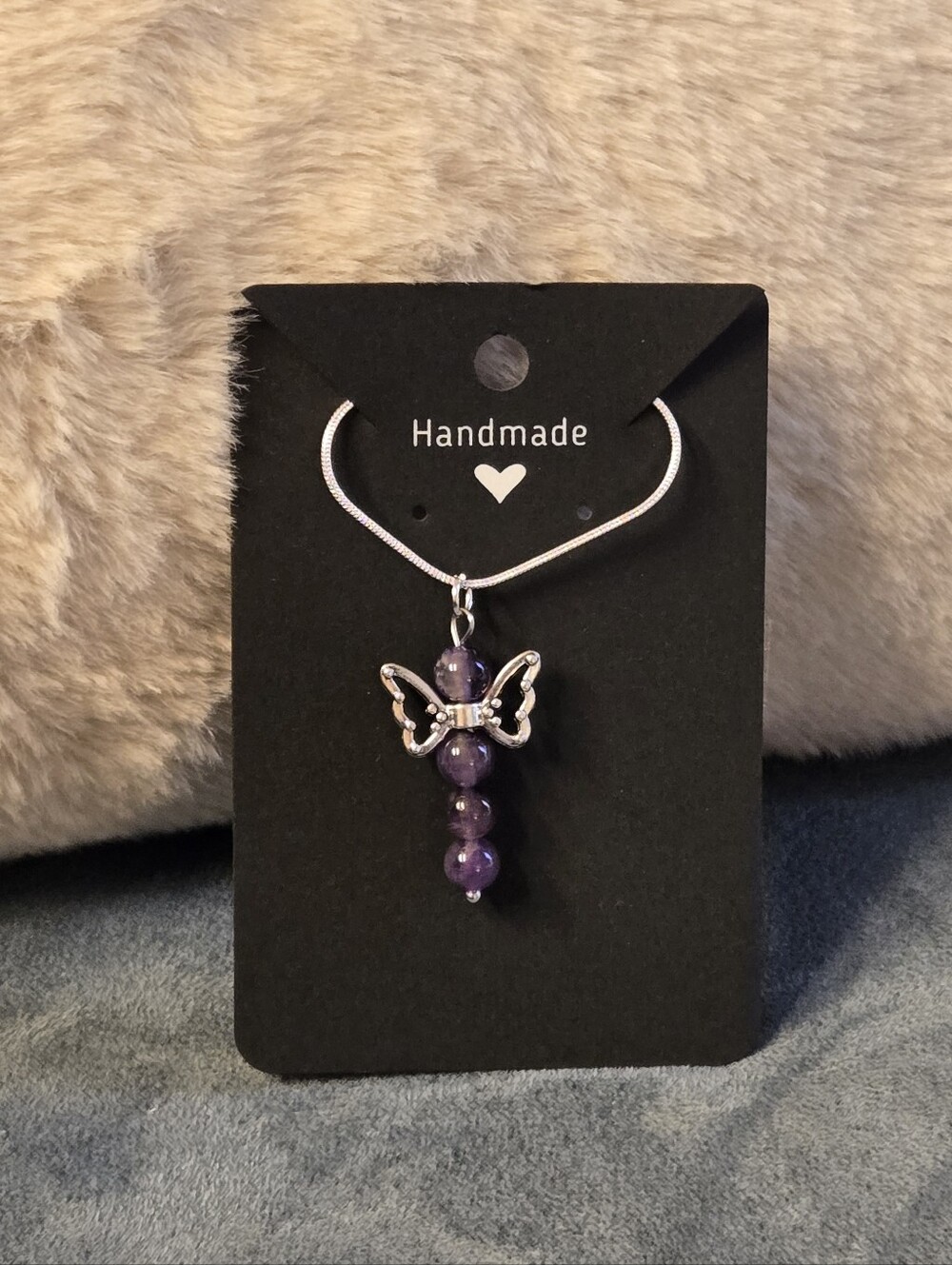 Amethyst beaded Silver Angel Necklace - Hand Crafted